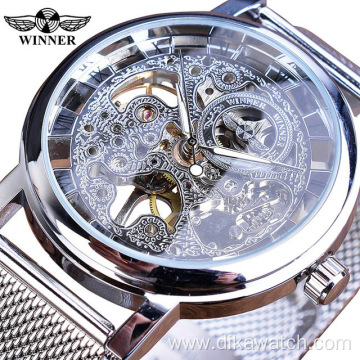 Top Brand Winner Thin Case Full Golden Watch Openwork Clock Mesh Band Men's Mechanical Watches Luminous Hands Relogio Masculino